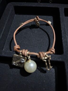 Brown Leather Knot Bracelet with Faux Pearl and Gold Tone Charms